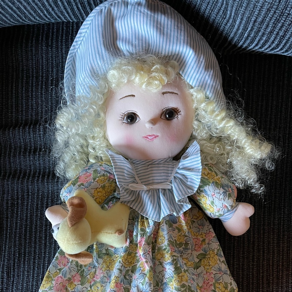 Cuddle Wit Rag Doll 15” Blonde Curly Hair wearing a floral dress